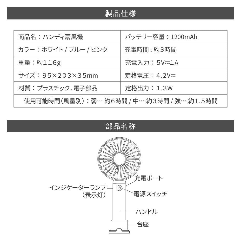 ハンディファン 超軽量116g 携帯扇風機 ミニ扇風機